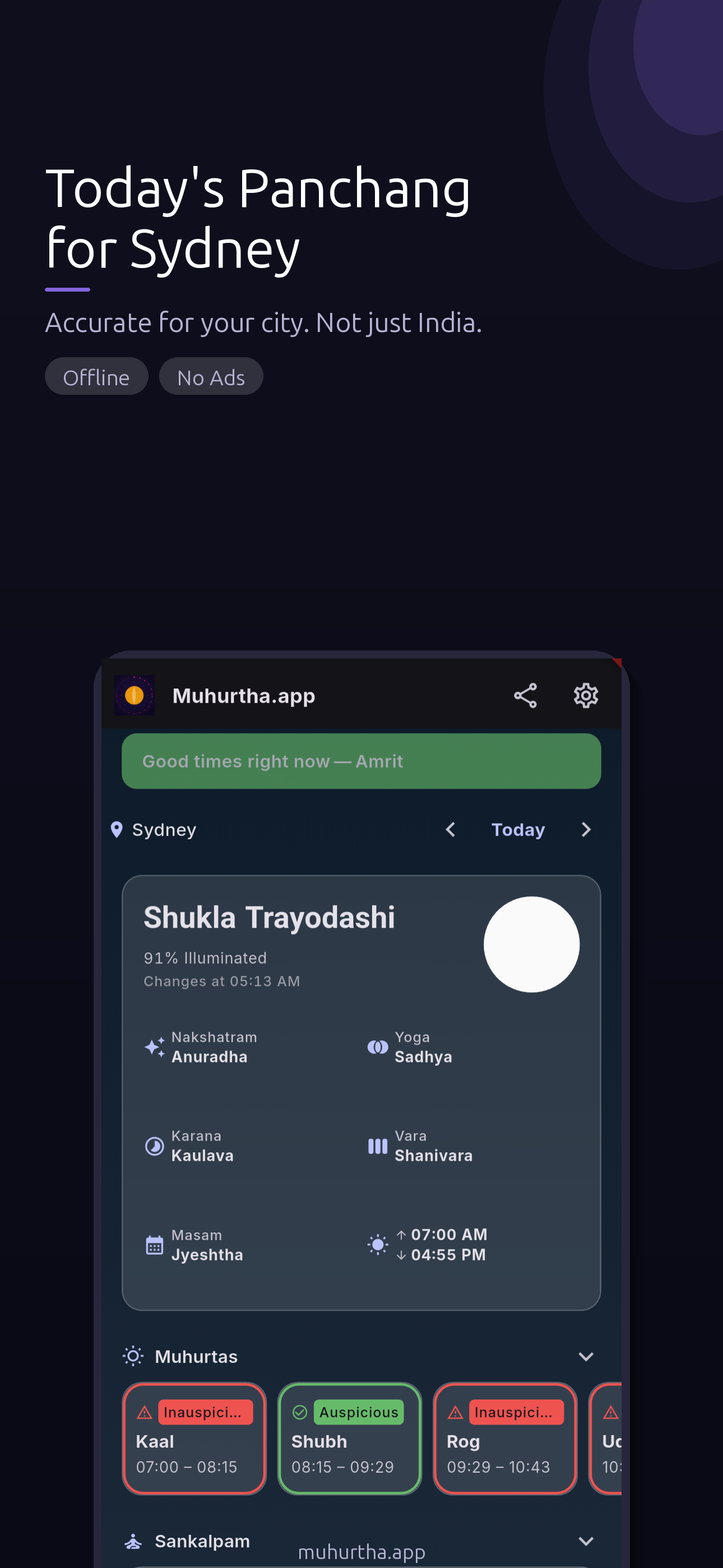 Muhurtha app showing today's Panchang for Sydney